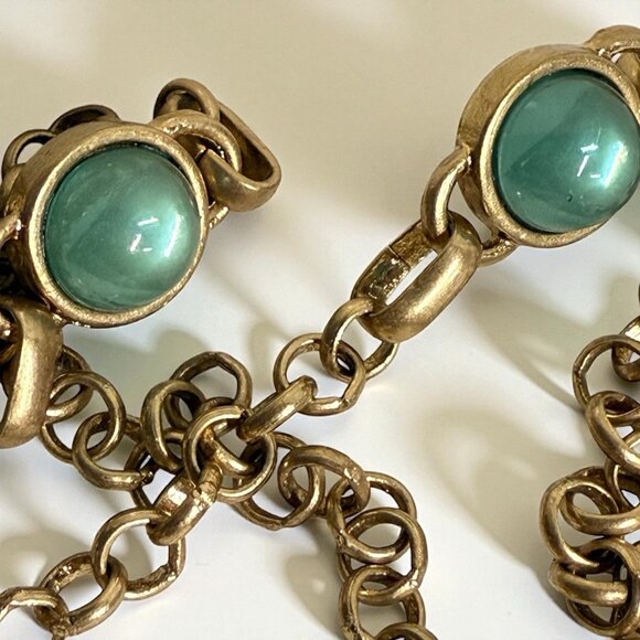 Vintage Coldwater Creek Green Cabochon Statement Necklace Gold Tone 32" - Picture 5 of 11